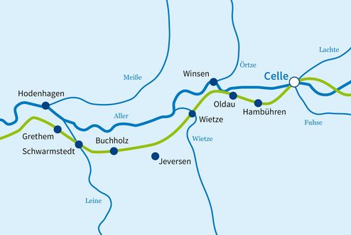Karte der Etappe 2 des Aller-Radwegs - Schwarmstedt bis Celle Karte der Etappe 2 des Aller-Radwegs - Schwarmstedt bis Celle