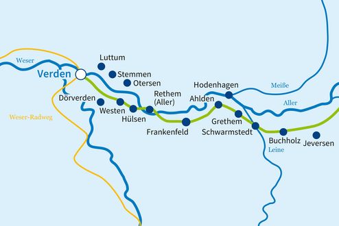Karte der Etappe 1 des Aller-Radwegs - Verden bis Schwarmstedt Karte der Etappe 1 des Aller-Radwegs - Verden bis Schwarmstedt